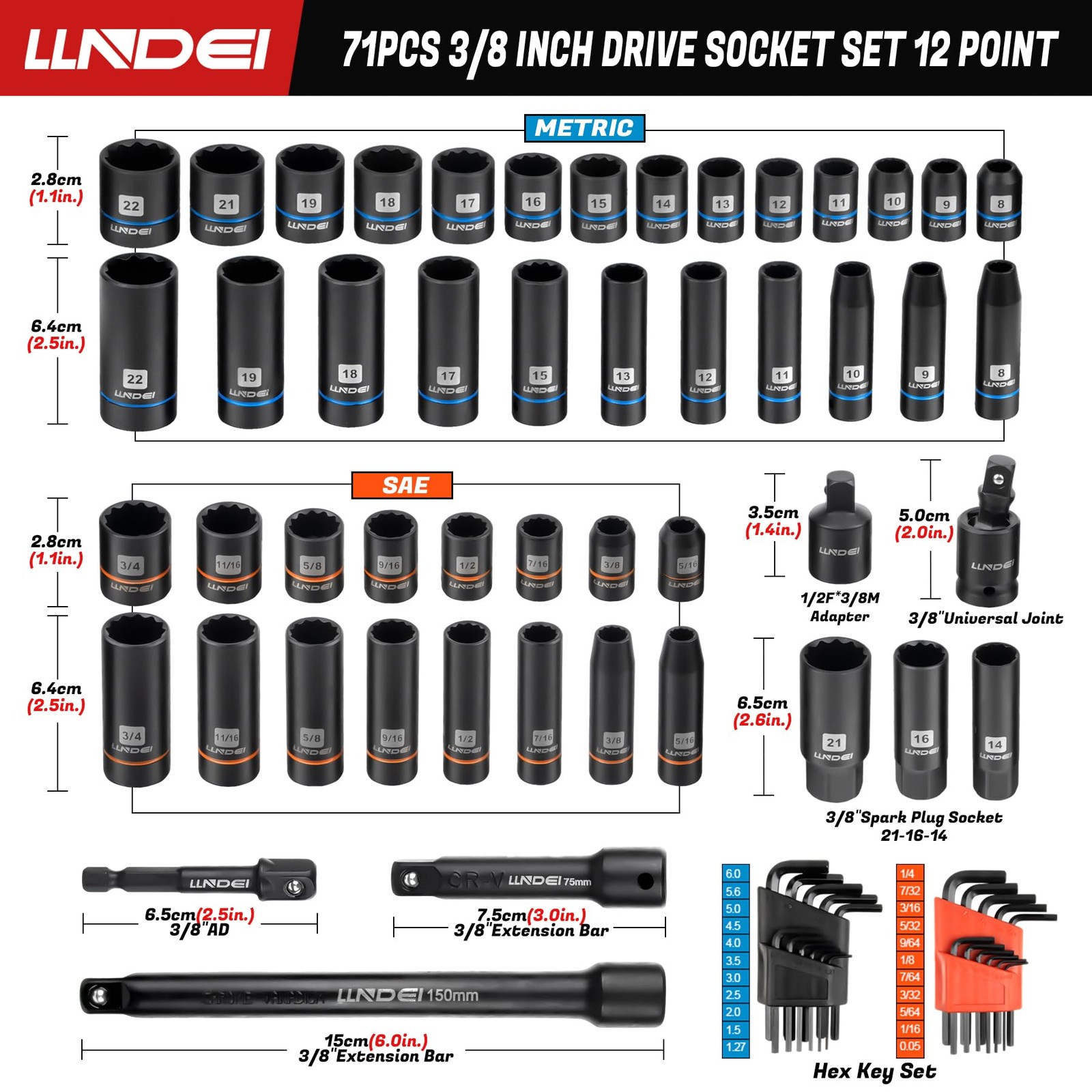 3/8 inch Drive 12 Point Socket Set 71 Piece,SAE(5/16-3/4in) and Metric(8-22mm...