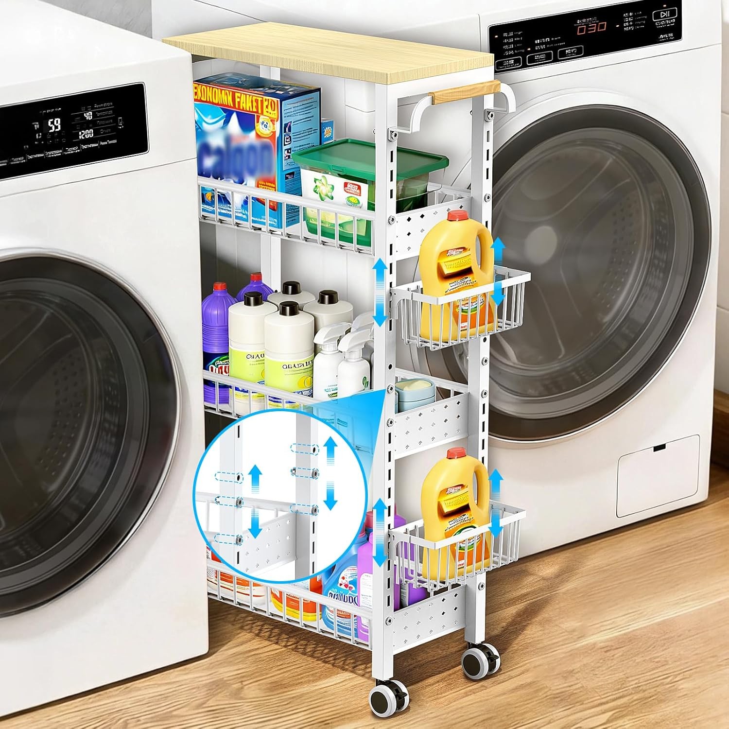 7.8 Inch Ultra-Slim 4-Tier Rolling Storage Cart with Adjustable Shelves -