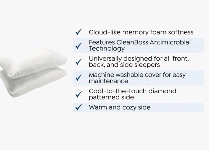 Joy CleanBoss Memory Foam Cooling Cloud Pillows-2 Piece-White-NEW
