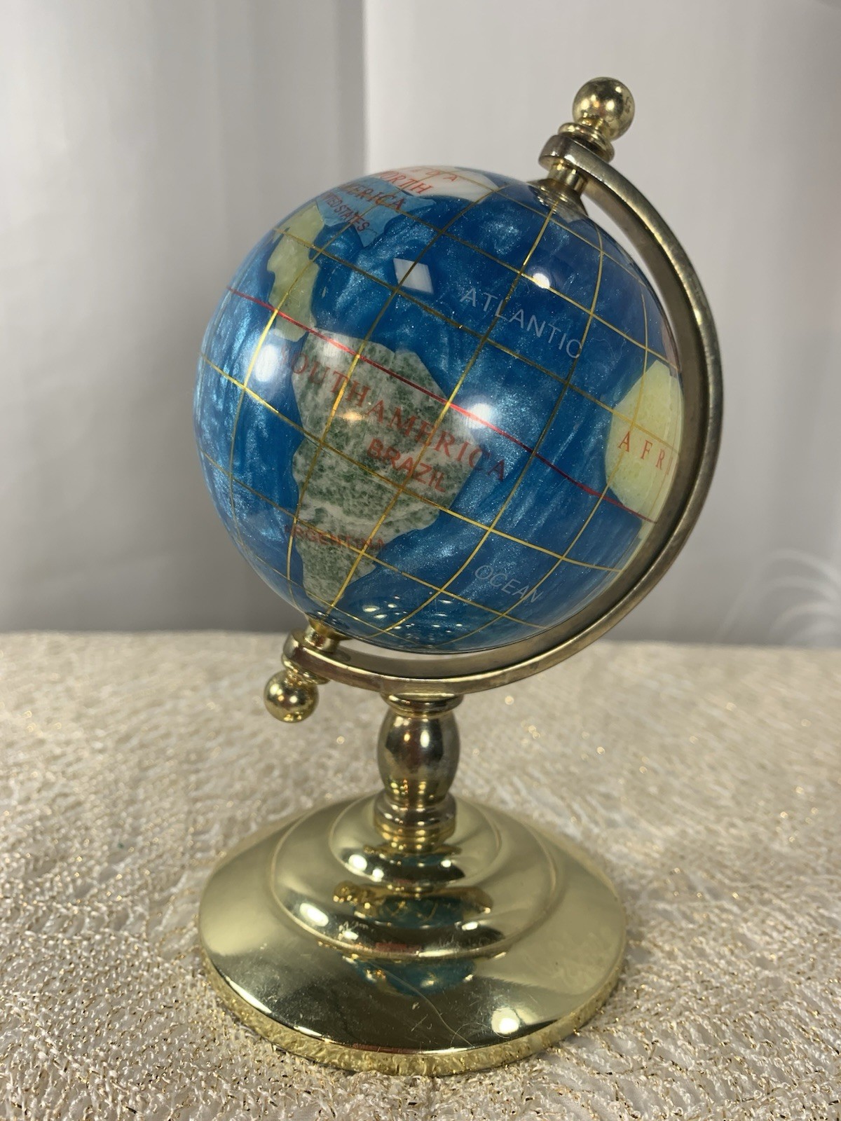 Small Decorative Gemstone Globe with Brass Stand 6” Tall