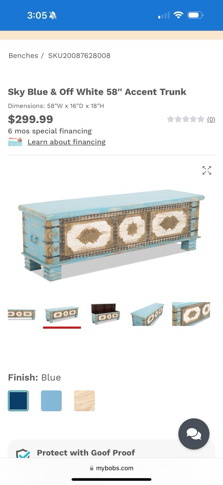 Sky blue and off white 15” accent trunk