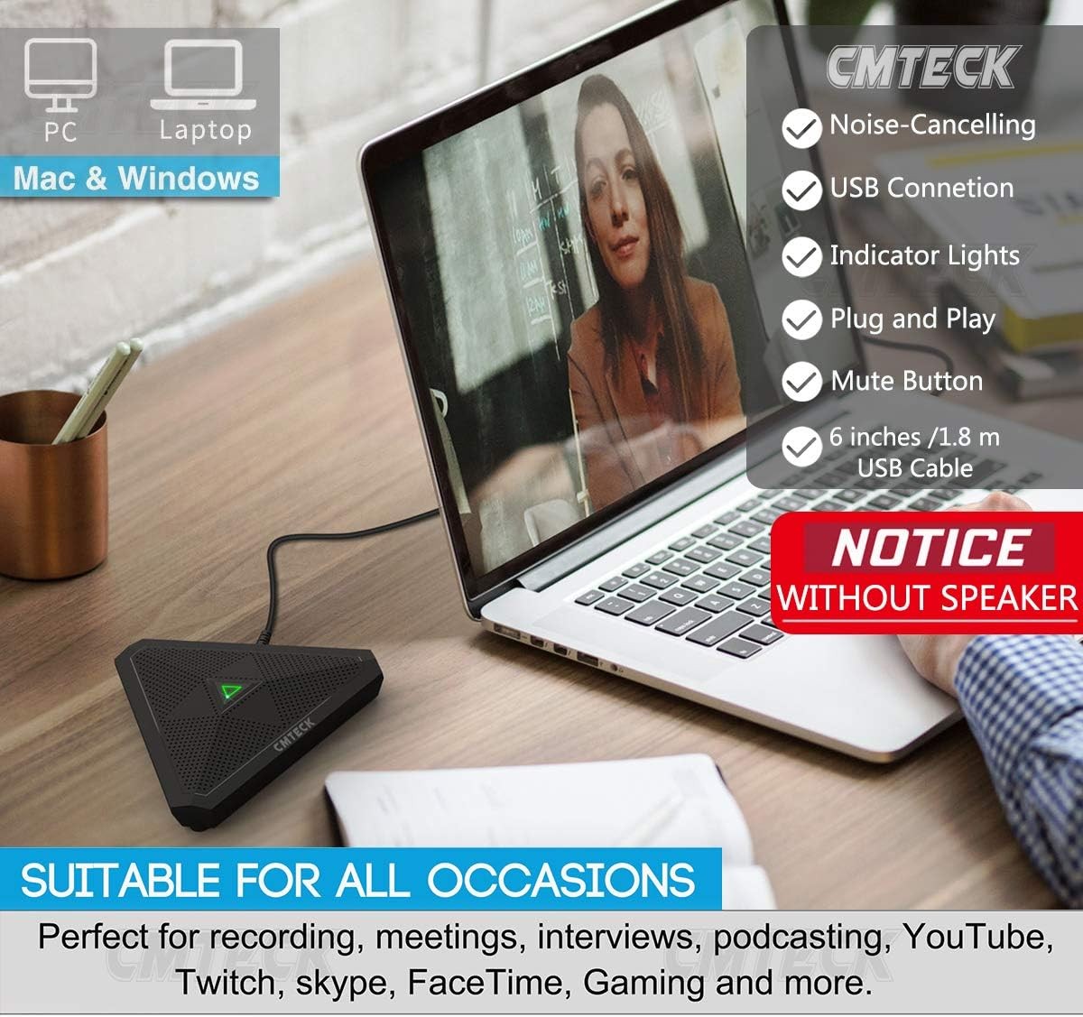 CMTECK Conference USB Microphone, Mute Button, Omnidirectional Condenser Boundar