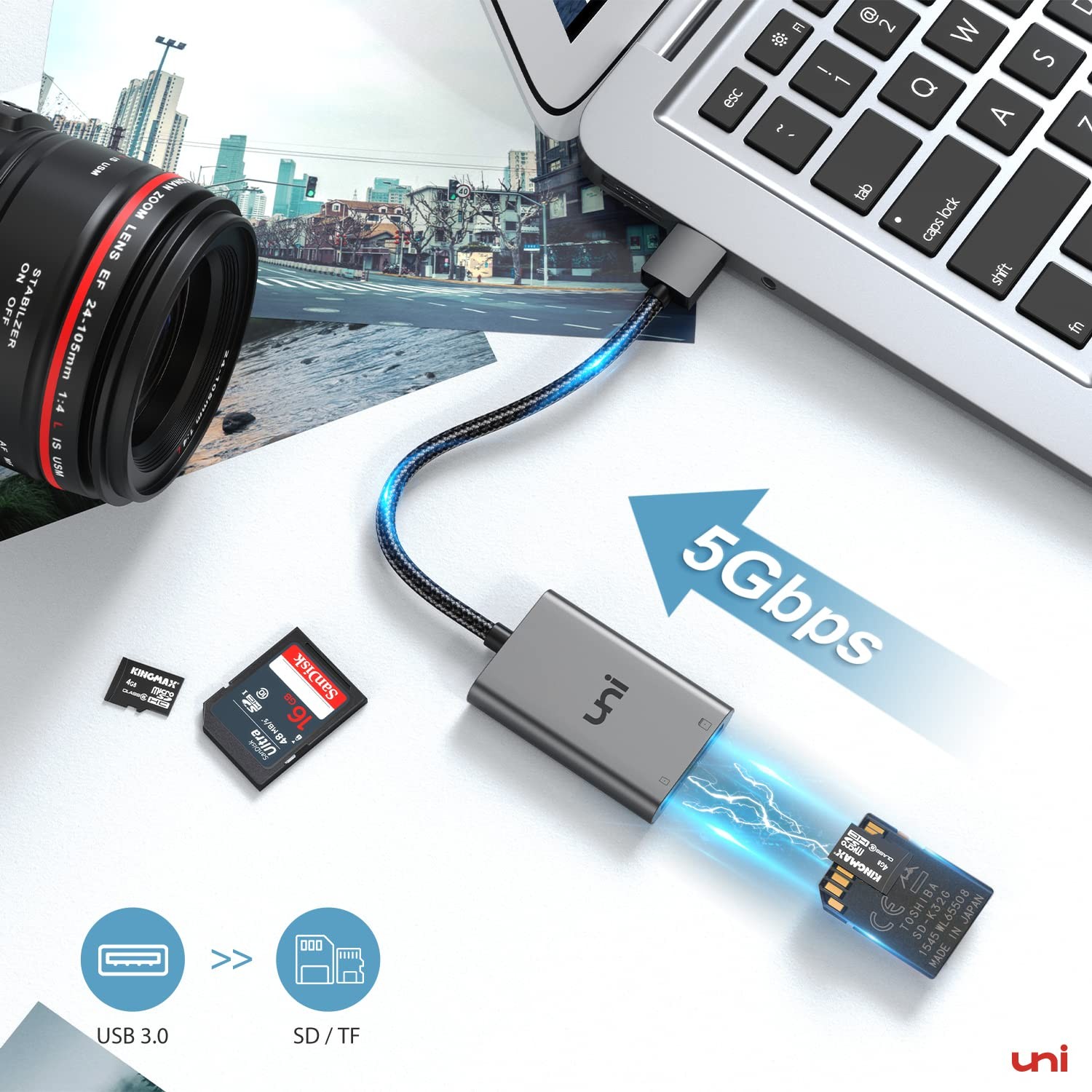 uni SD Card Reader, High-Speed USB 3.0 to Micro Adapter, Grey