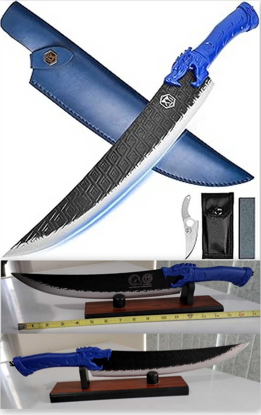 18" Blue Dragon Chef Fixed Blade & Sheath + Extras