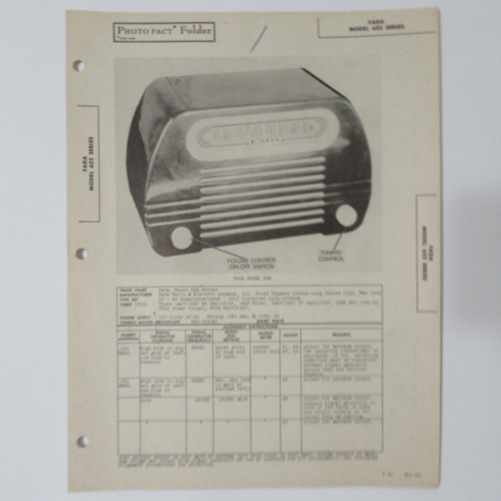 FADA Model 652 Series AM Table Top Radio SAMS Photofact ™ 1946