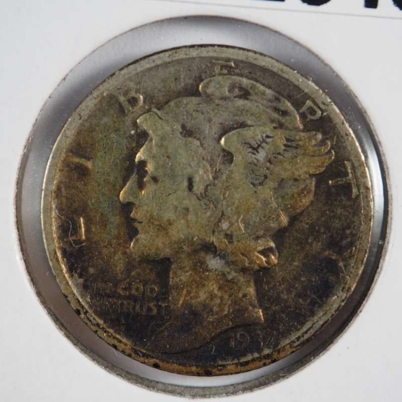 1937 P Mercury Dime Toned 90% Silver US Coin Fine (F) - SKU 164USDM