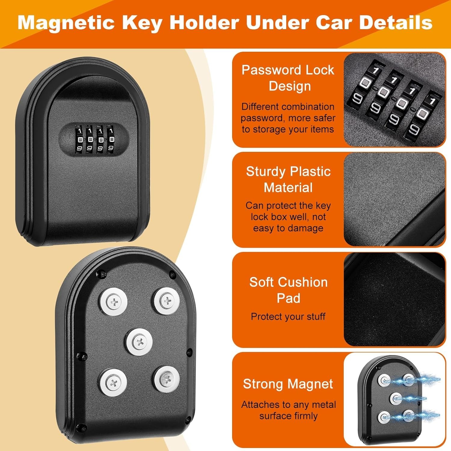 Magnetic Key Holder with Lock, Magnet Key Lock Box Hidden Under Car, Secure 4...