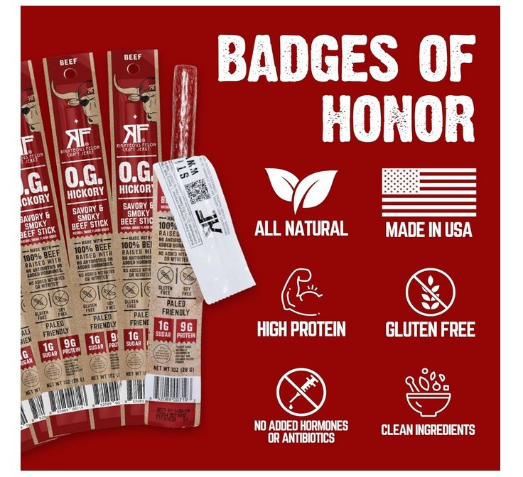 Righteous Felon OG Hickory Beef Meat Sticks 24 Pack - 1oz Gluten Free Keto Paleo