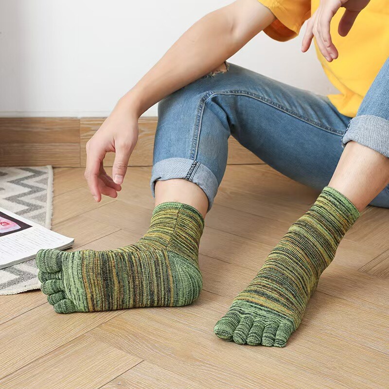 5Pack Men Crew Five Finger Toe Striped Design Solid Sport Calf Cotton Work Socks