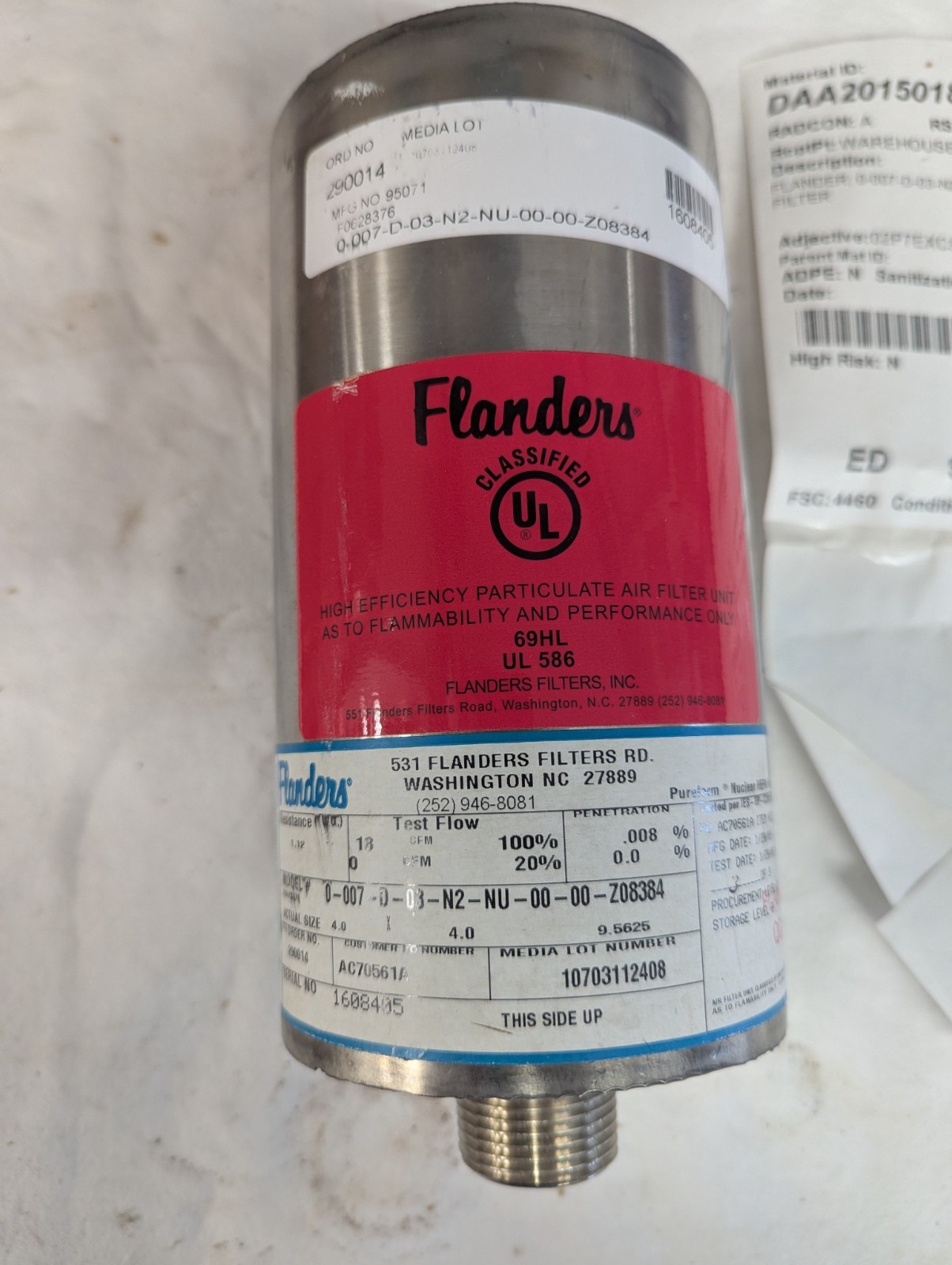 Flanders Cylindrical SS Nuclear HEPA Filter, Mod #0-007-D-03-N2-NU-00-00-Z08384