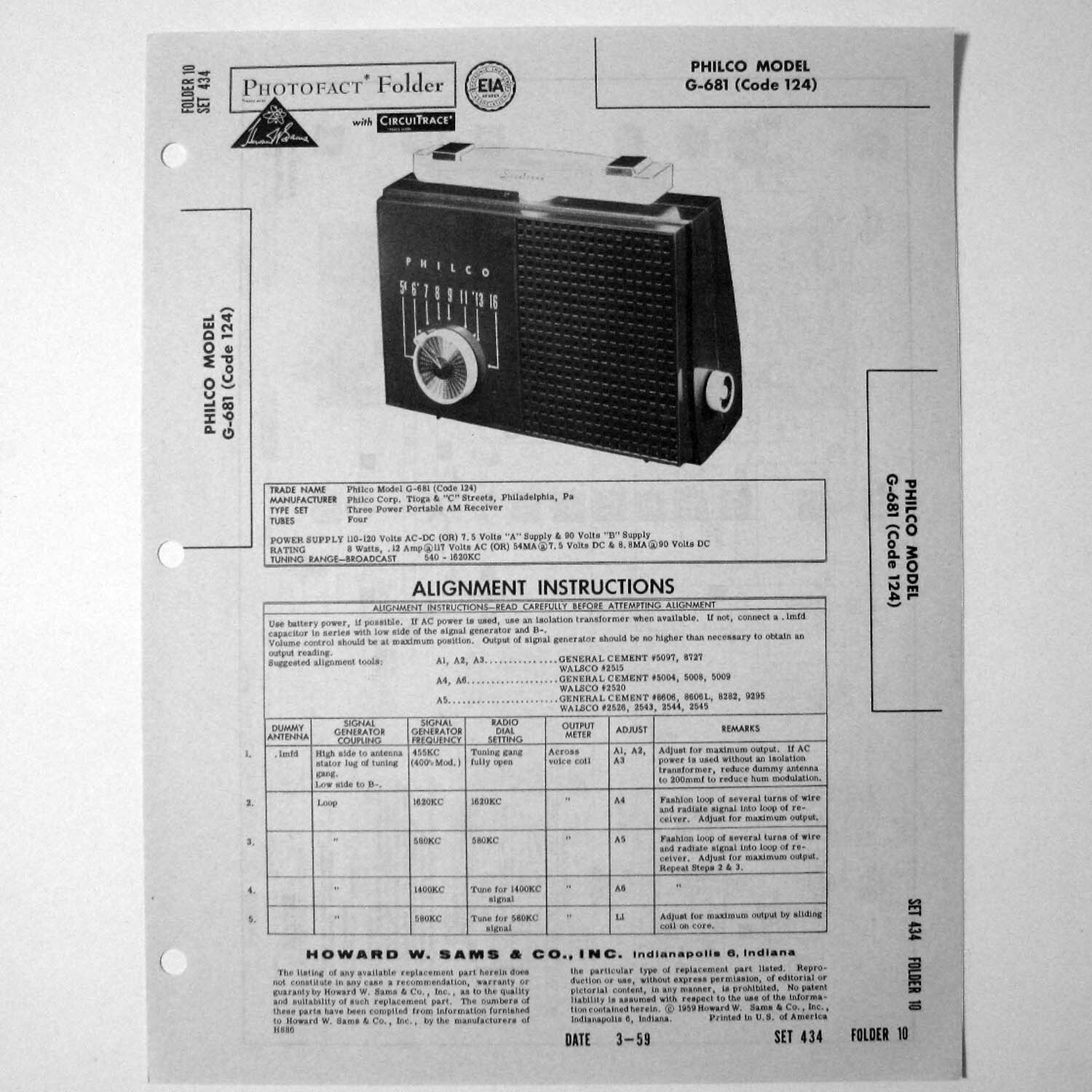 Philco Model G-681 Code 124 Portable AM Radio - SAMS Photofact ™ 1959 - New
