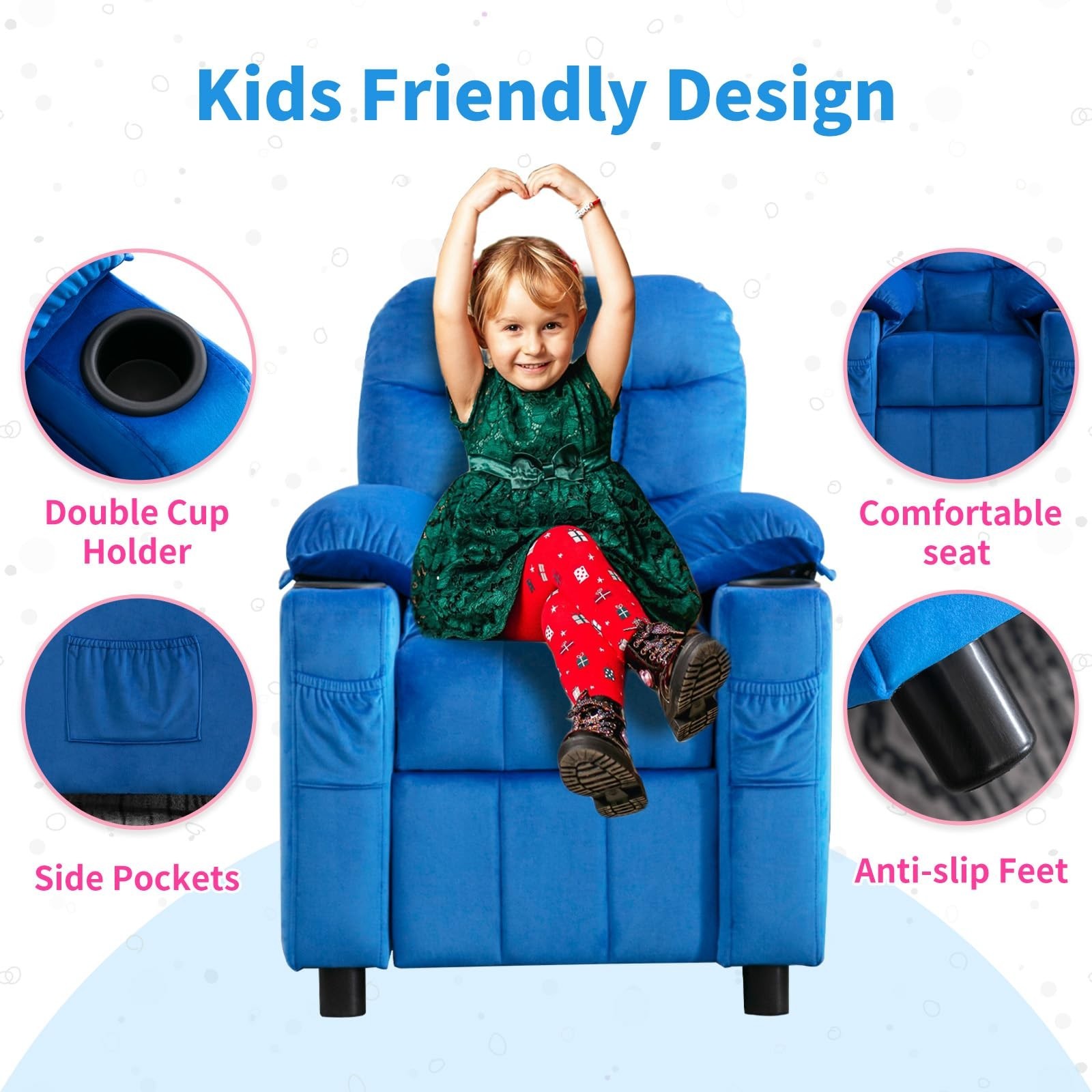Kids Youth Recliner Chair Adjustabl Velvet Fabric Sofa w/Cup Holder &Side Pocket