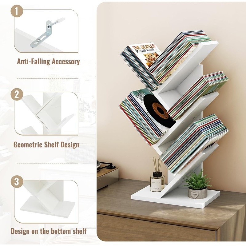 Multifunctional 4 Tier Rustic Tree Bookcase Space Saving Organizer Home Office