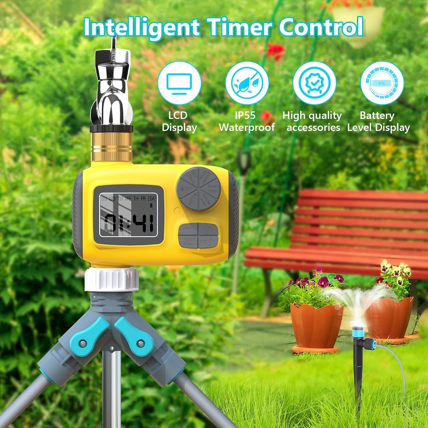 100FT Drip Irrigation System with Timer & 16 Adjustable Nozzles for Garden