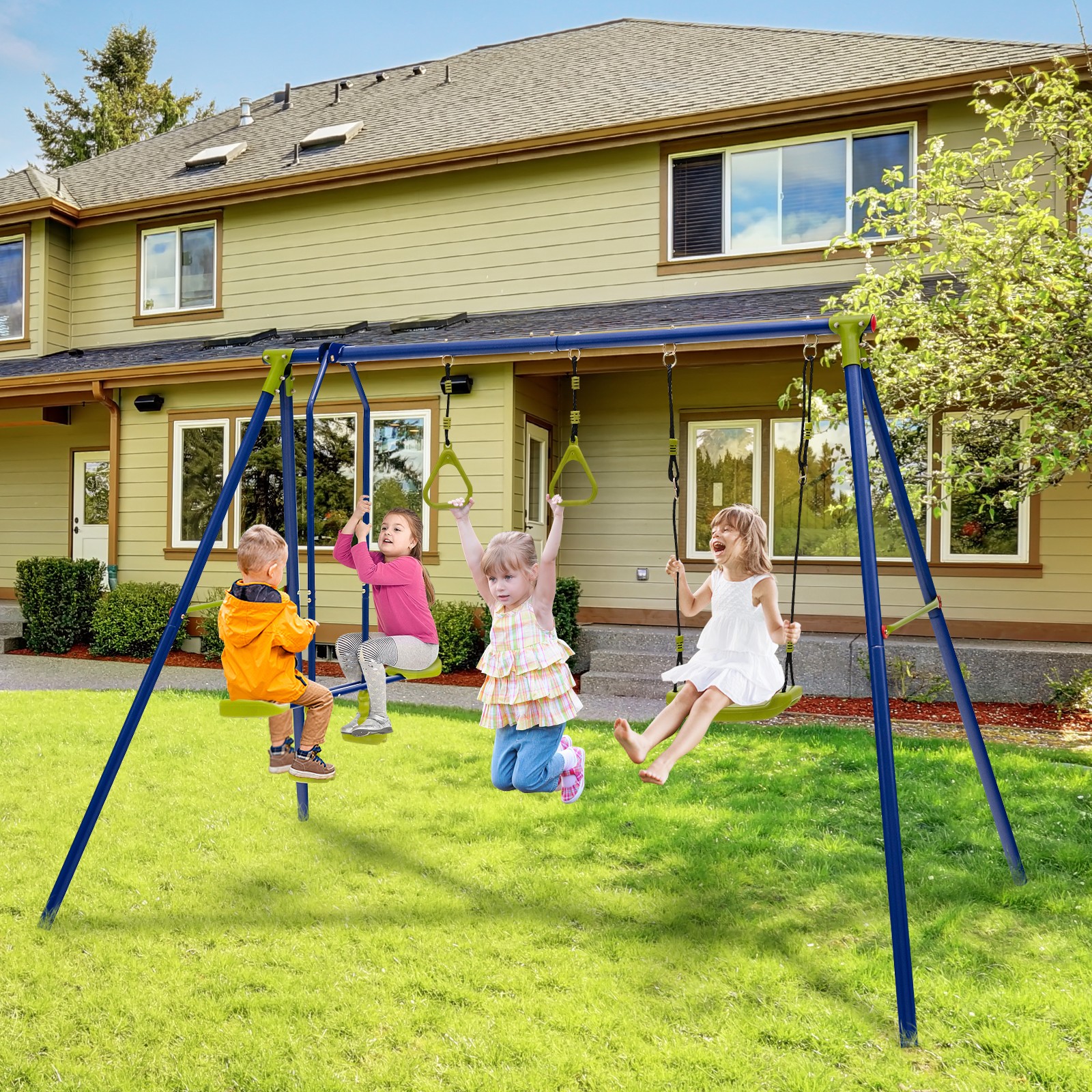 3-in-1 Kids Swing Set w/ Swing & 2-Person Glider & 2 Gym Rings Blue Green