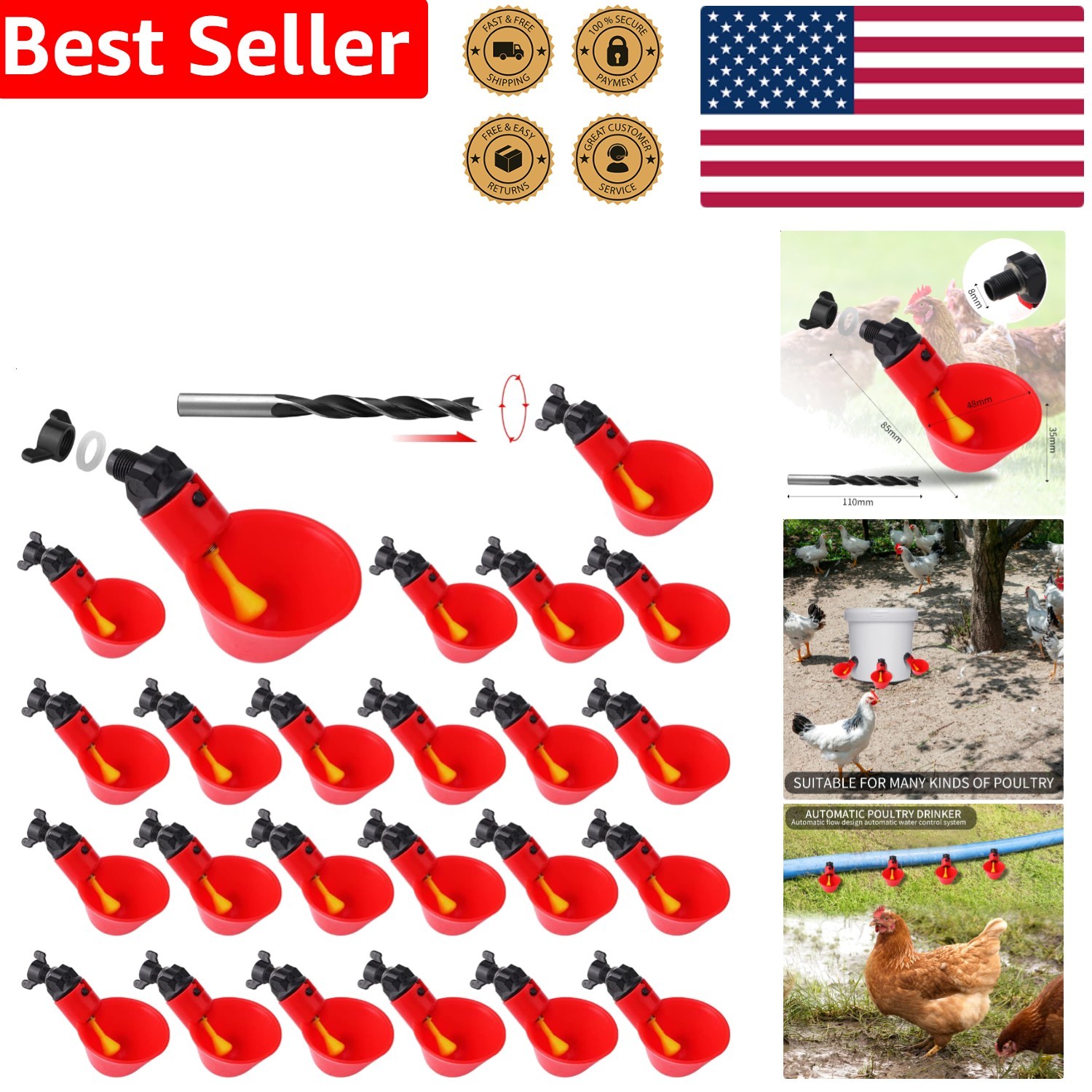 Chicken Waterer Cups 12 Pack Automatic Poultry Drinker DIY Quail Duck Bird Fe...