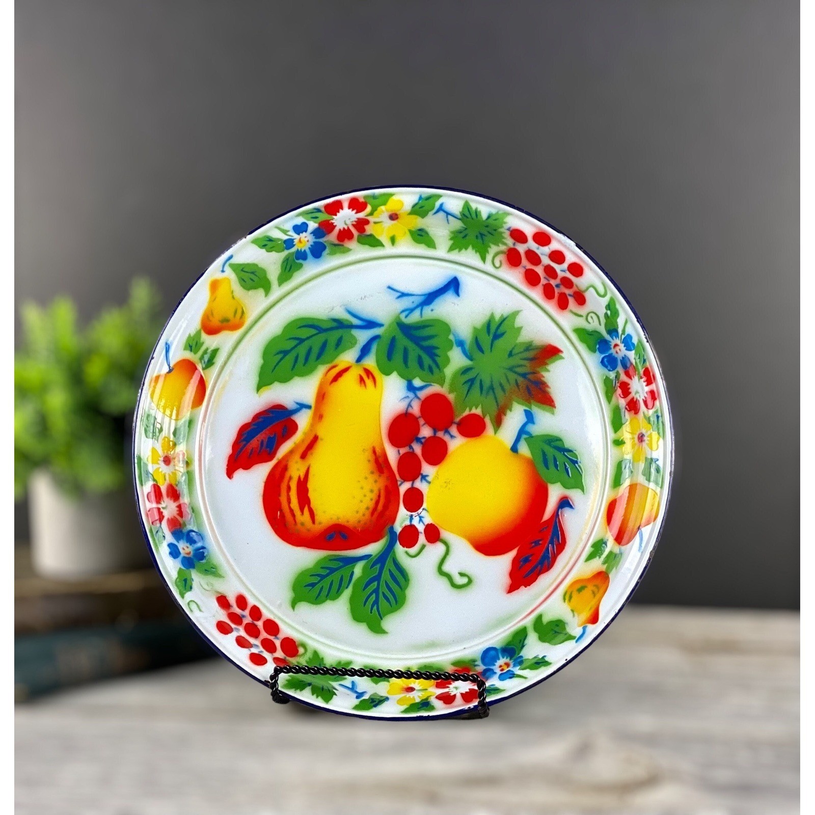 Rossini Enamelware Oversized Platter Fruit Graphics Round Tray Vibrant Colors
