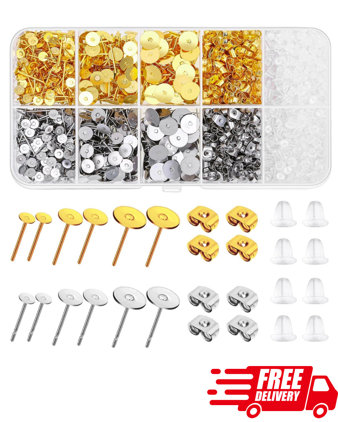 2000pcs Earring Posts & Backs Kit, Hypoallergenic Stud Jewelry Findings Gold