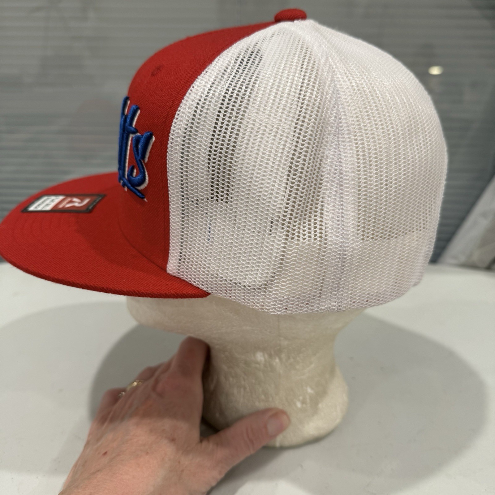 Knights Royal Blue White Script on Red Hat Cap White Mesh Snapback Russell EUC