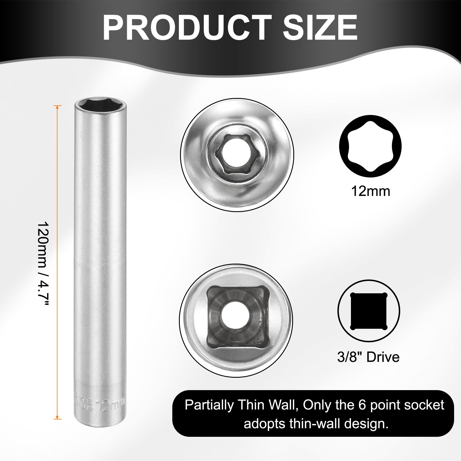 2pcs 6 Points Deep Socket 3/8" Drive 12mm Nickel Plating Flip Sleeve 4.7" Long