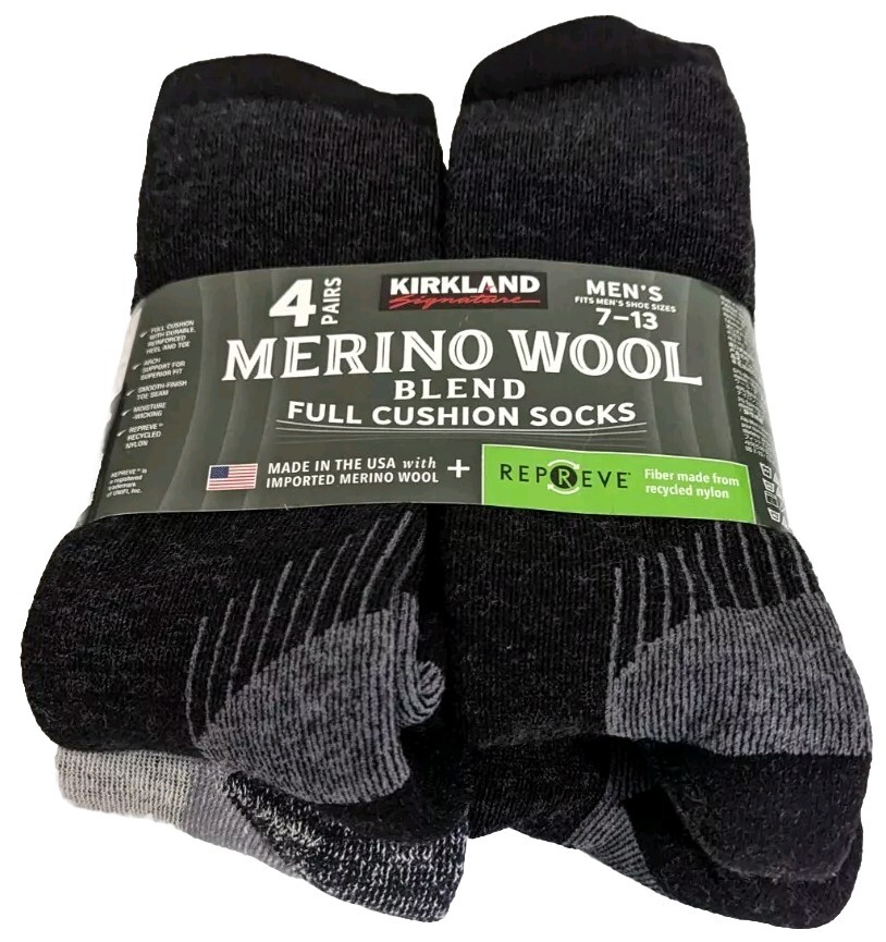 Kirkland Signature Men's Size 7-13 Merino Wool Blend Full Cushion Socks 4 Pairs