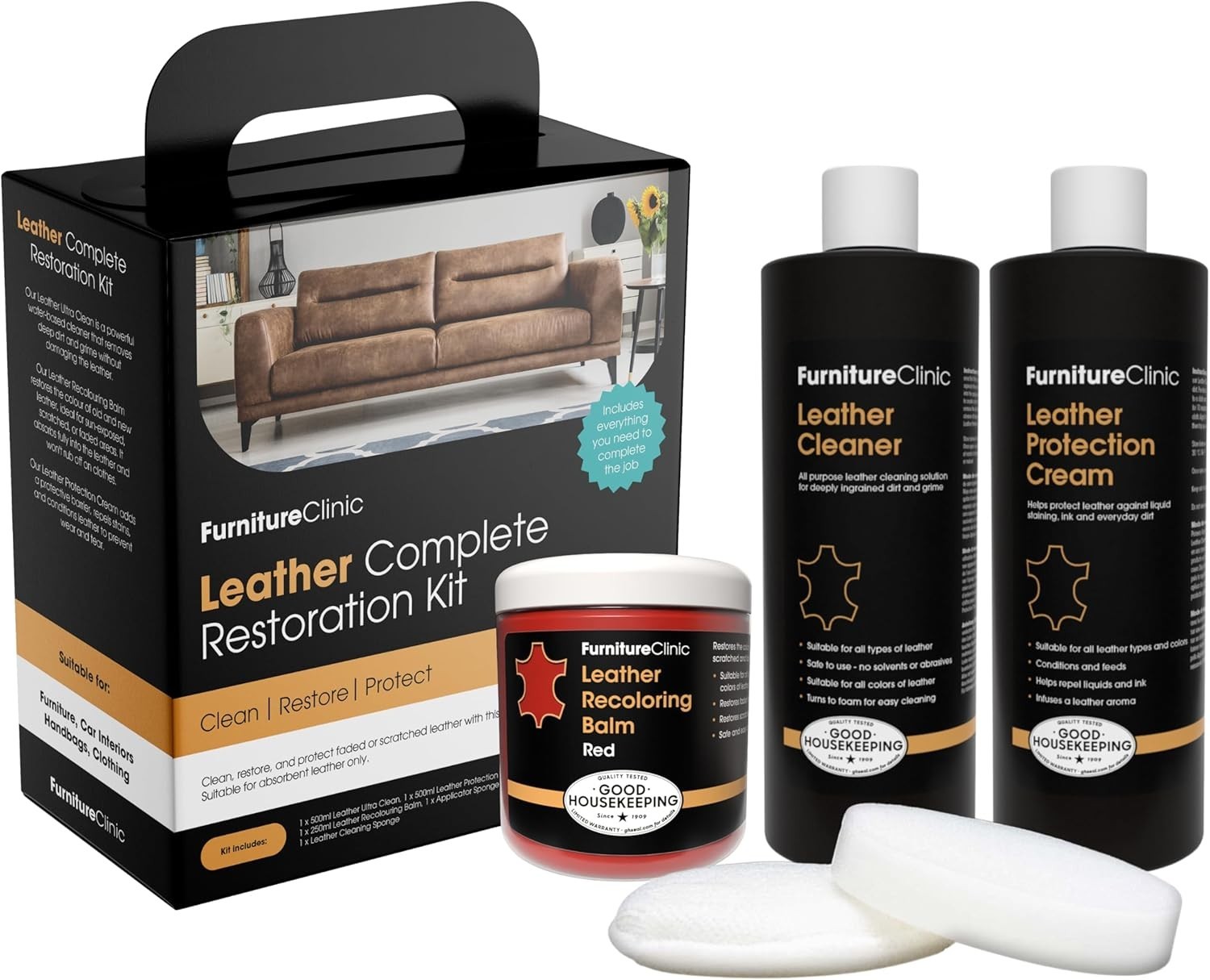 Leather Complete Restoration Kit | with Leather Recoloring Balm, Cleaner, 2-i...