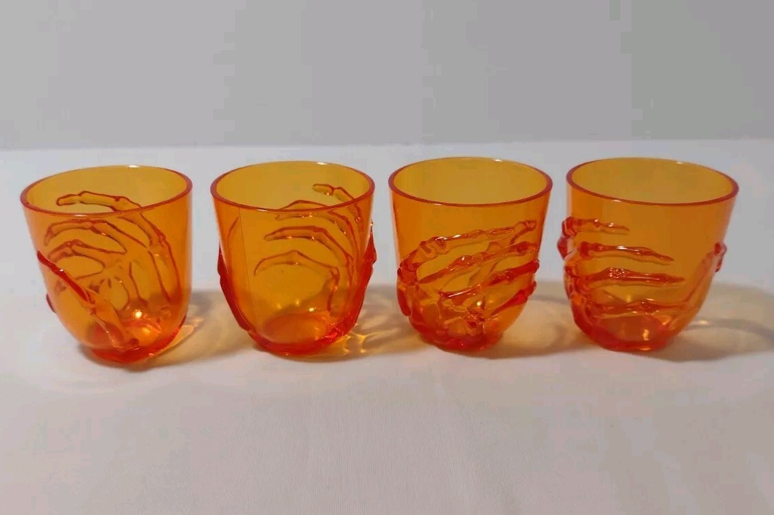 Halloween Skeleton Hand Shot Glasses Orange Plastic Set Of 4 Excellent Condition