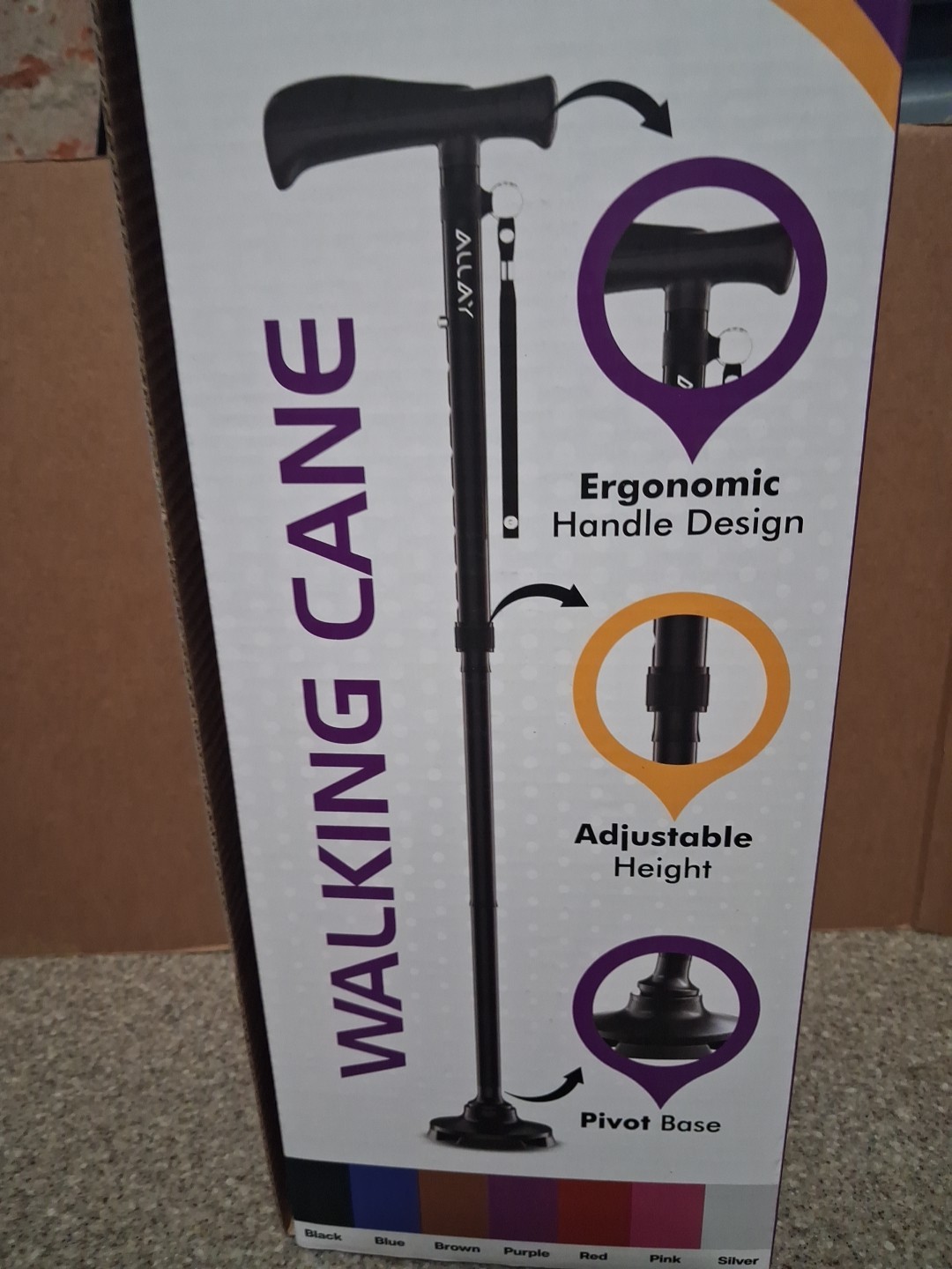 ALLAY Walking Cane Ergoomic Handle Design, Adjustable Height Pivot Base Black