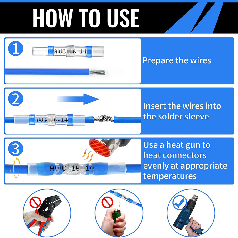 500Pcs Solder Seal Sleeve Heat Shrink Butt Wire Terminal Connector Blue 16-14AWG