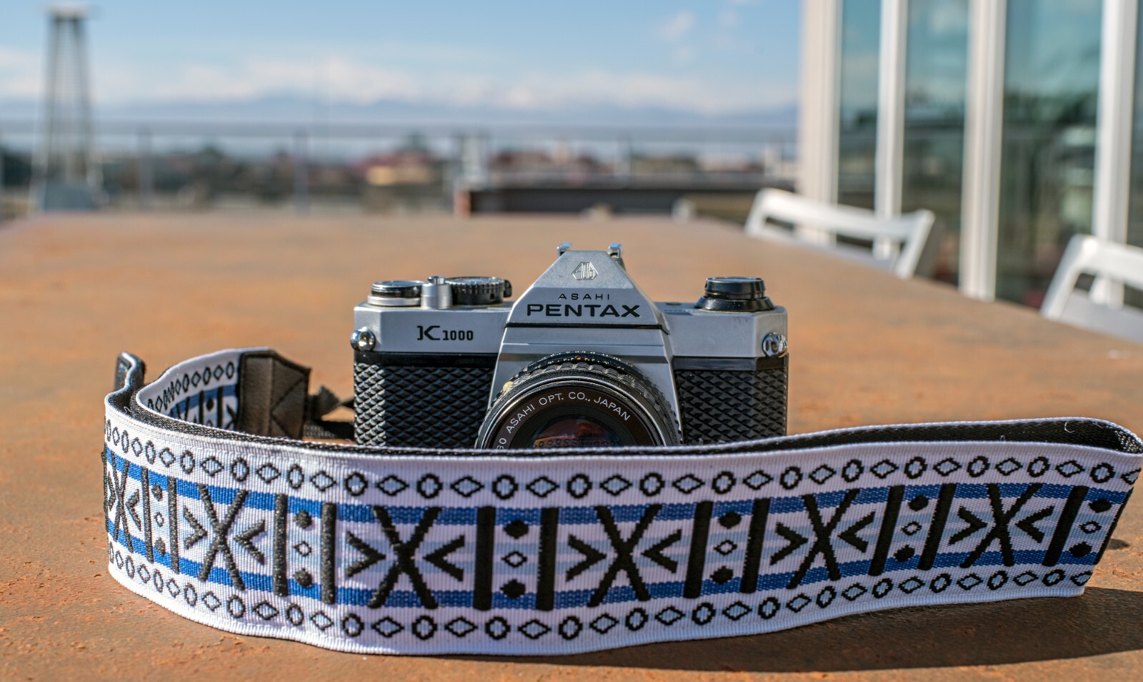 Stunning White, Blue, and Black Geometric Pattern Hippie-inspired Camera Strap