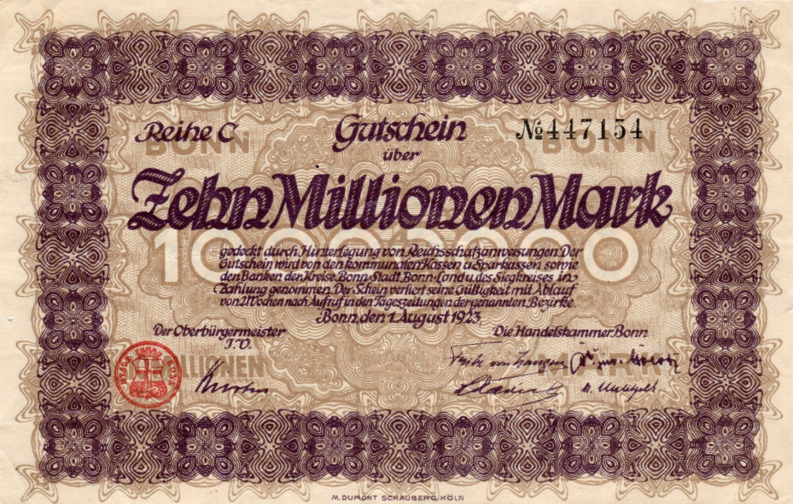 Notgeld Bonn (Germany) 10000000 Mark Kel521b