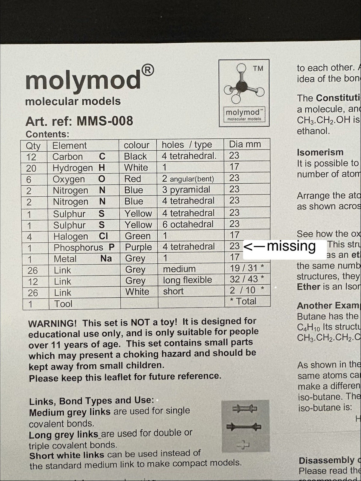 Molymod Organic Student Set Molecular Model Set MMS-008 - Missing Phosphorus