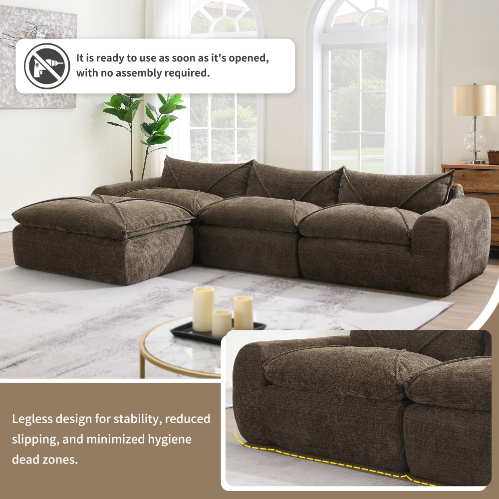 Brown Chenille 4-Seater Sectional Sofa w/Ottoman - No Assembly