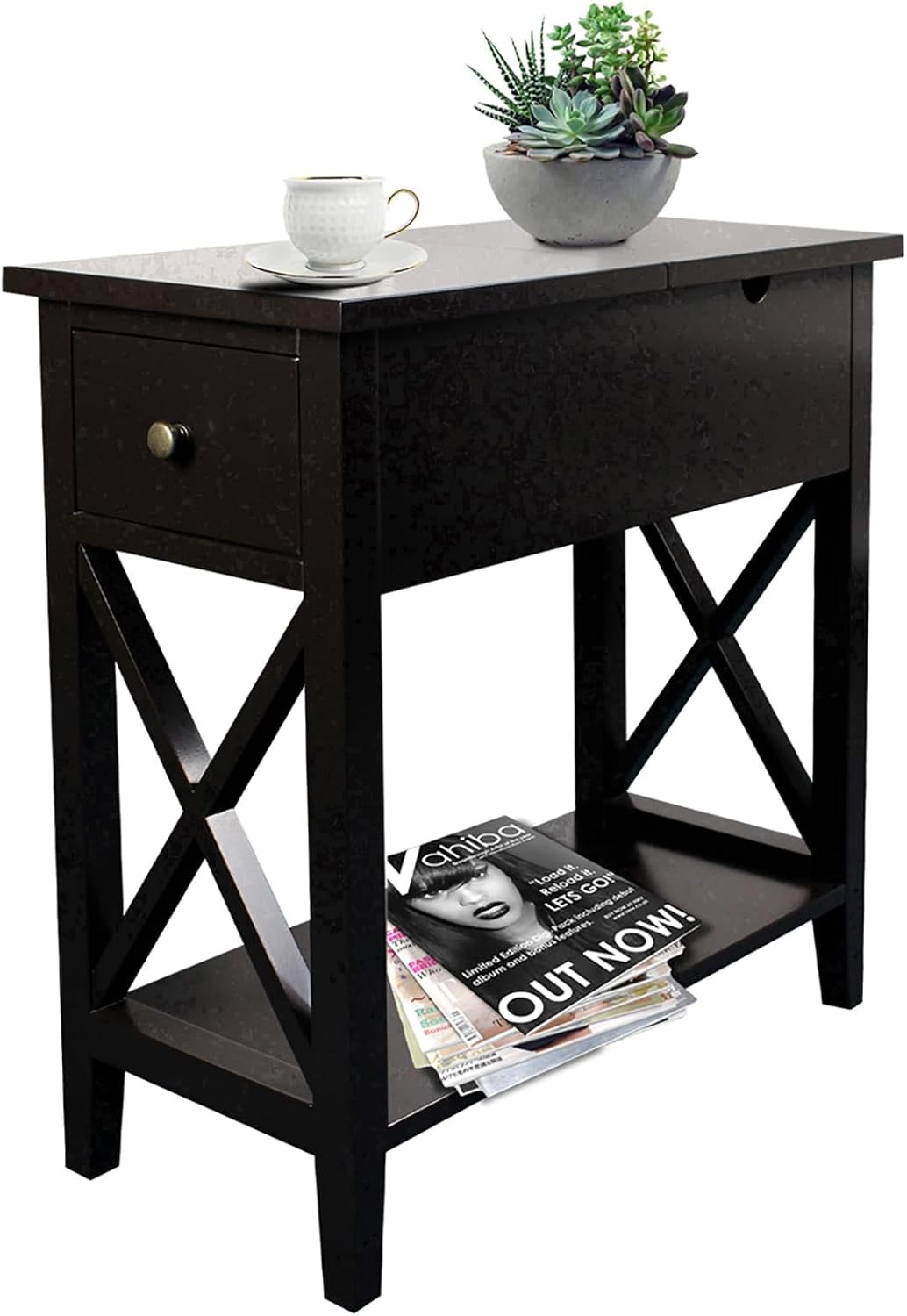 ChooChoo End Table, MDF Material Flip Top Narrow Table with Drawer, Black