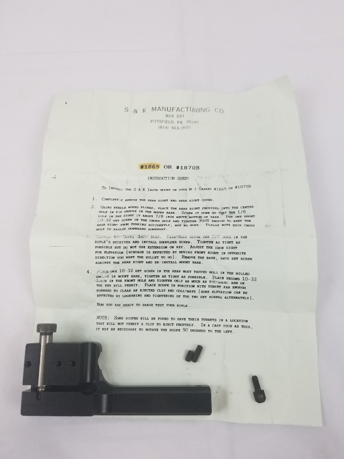 S&K M1 Garand Scope Mount No-Drill No-Tap Used