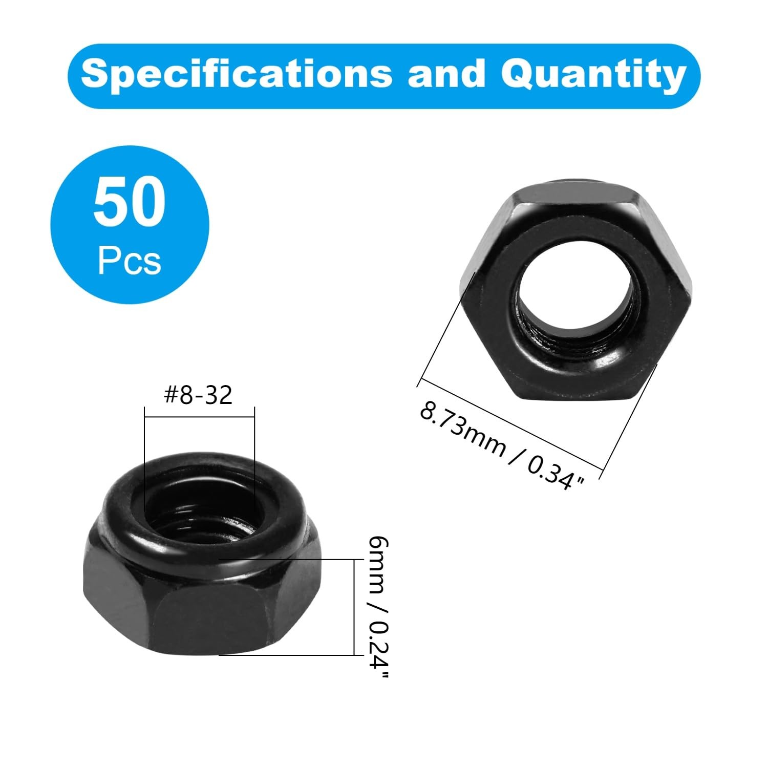 Yinpecly 50Pcs #8-32 Nylon Insert Hex Lock Nuts 304 #8-32; 50pcs, Black