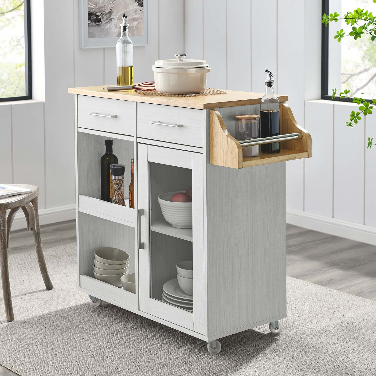Modway Culinary Rolling Storage Kitchen Cart in White Natural With Spice Rack