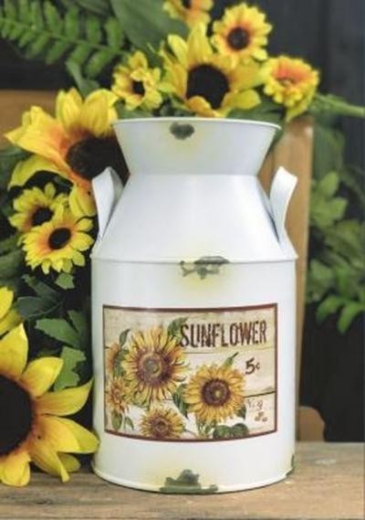 New Primitive Farmhouse Rustic AGED WHITE SUNFLOWER MILK CAN 5"x9"