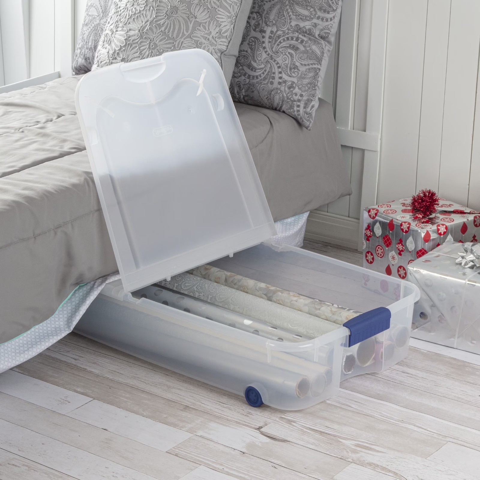 (2 pack) Sterilite 66 Quart Latching Underbed Wheeled Storage Bin, Clear Plastic