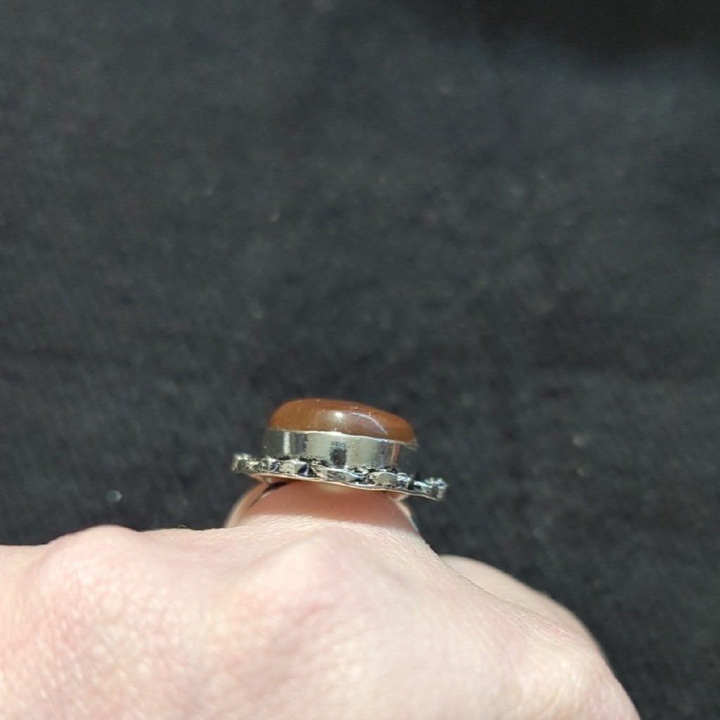 Silver Plated Peach Sunstone Gemstone Oval Statement Ring - Size 8.75