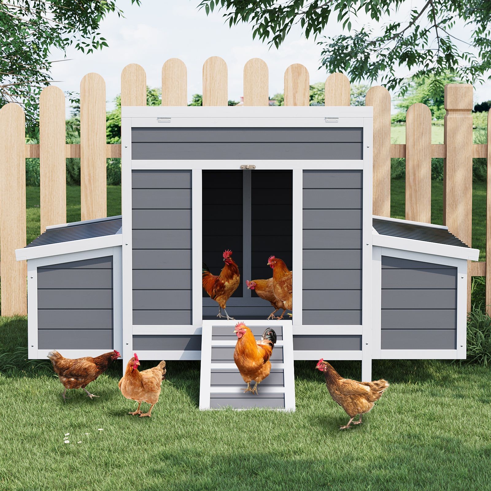 55" Chicken Coop 4-6 Chickens Dual Nesting Boxes Waterproof, Lockable Ventilated