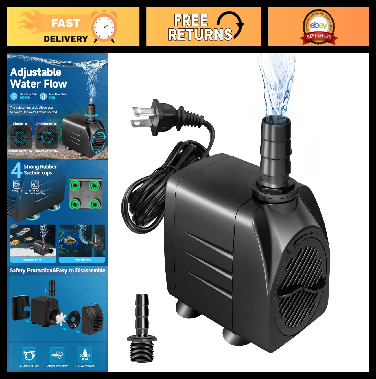 400GPH Submersible Pump 20W - Ultra Quiet Fountain Pump, 6.56ft Lift, 3 Nozzles