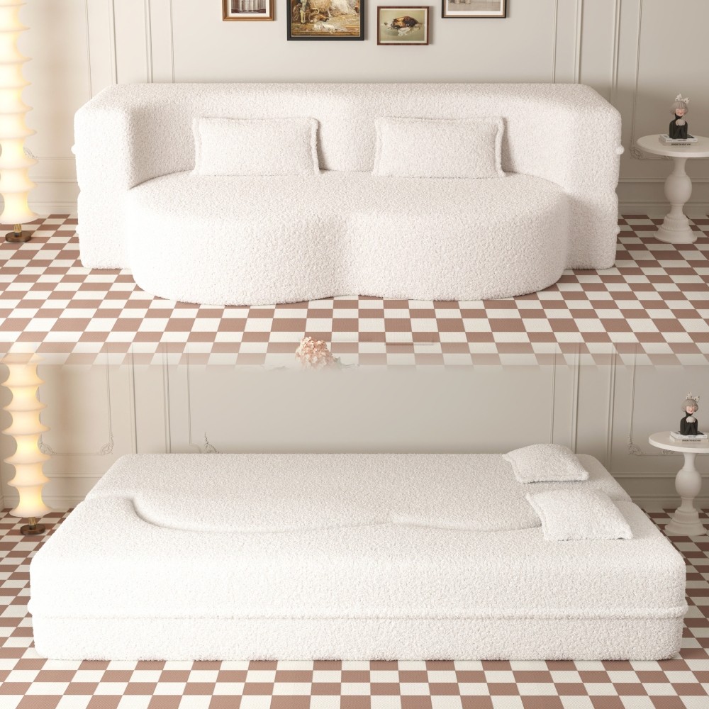 Twin Floor Sofa Bed w/Mattress, Corduroy Lounger & Pillows, Beige/White