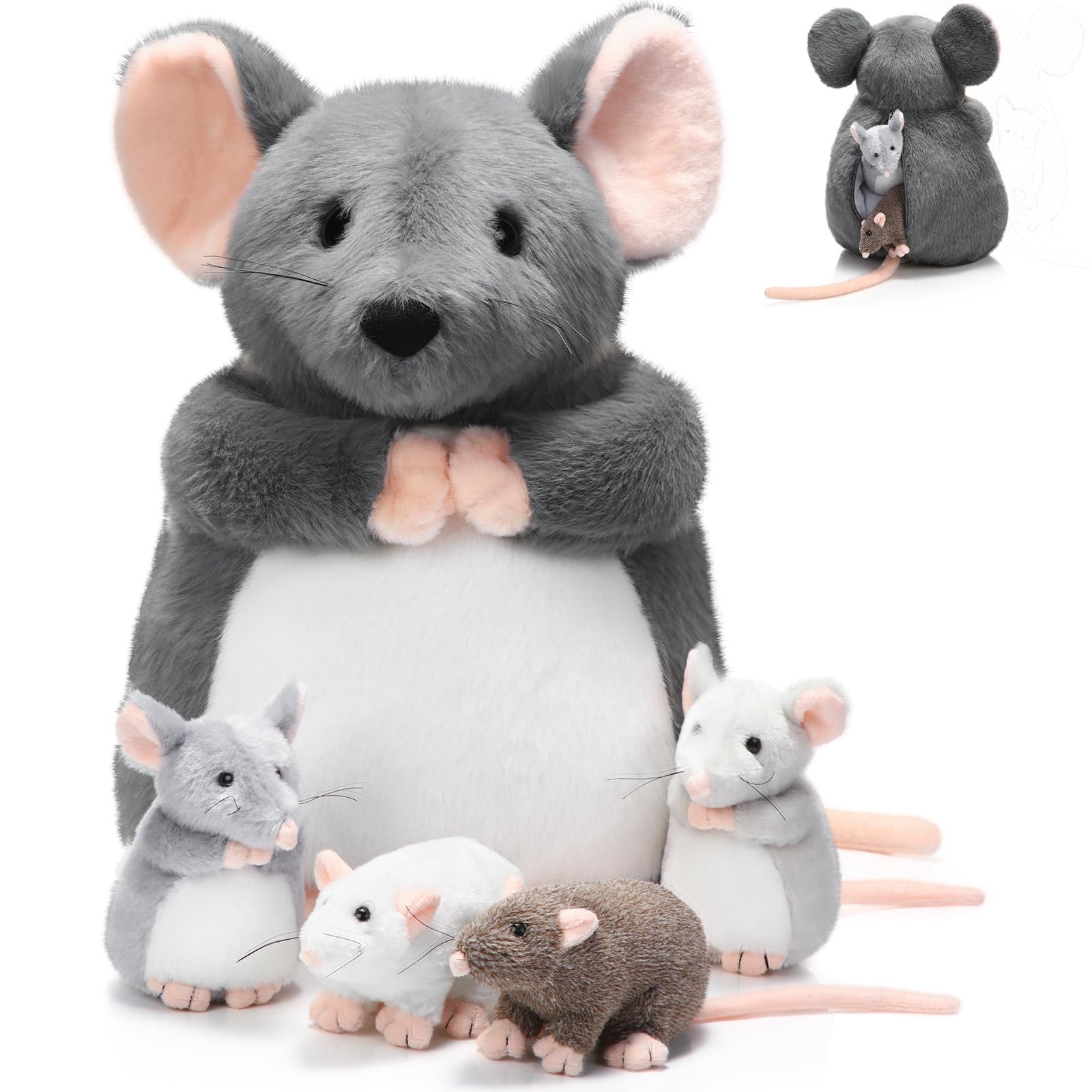 Arrowbash 5-Pc Mouse Stuffed Animals Set - 14" Mommy Rat Plush & 4 Small