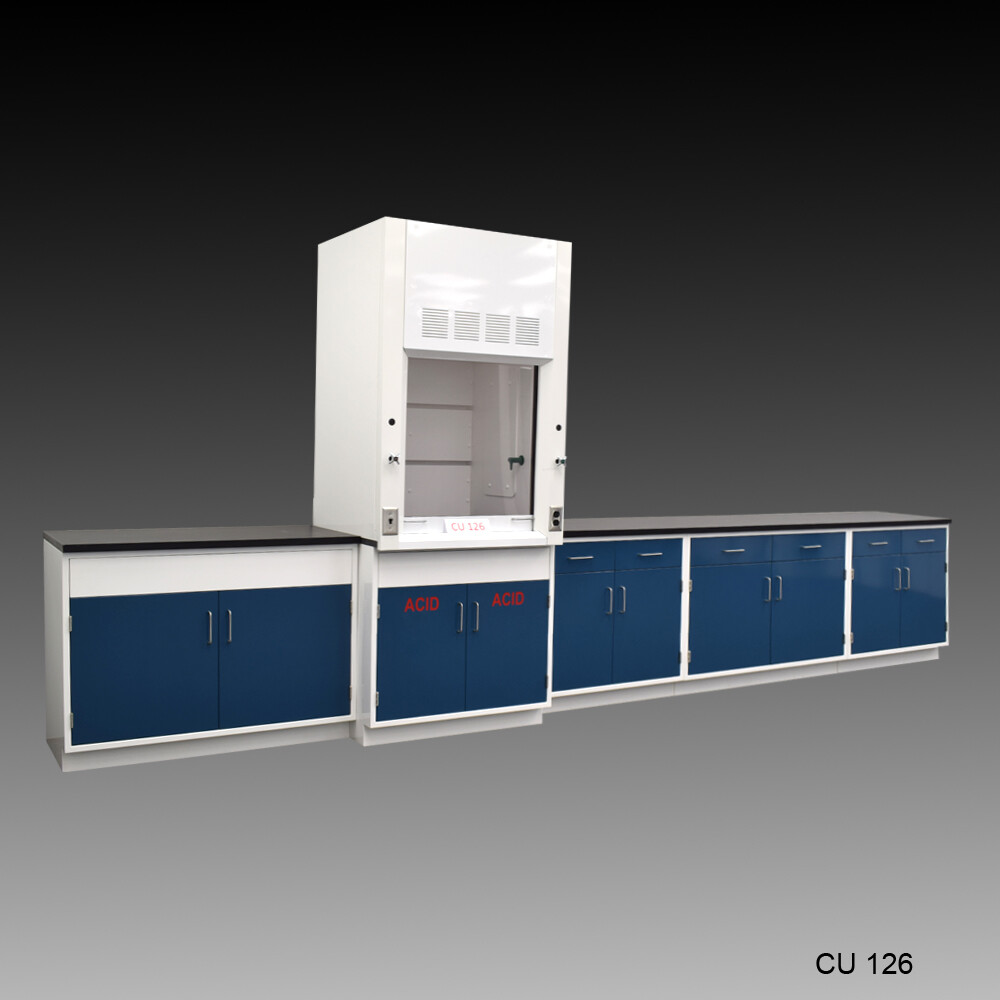 3' Fisher American Fume Hood + Blue ACID Storage &14' Laboratory Cabinets E2-453