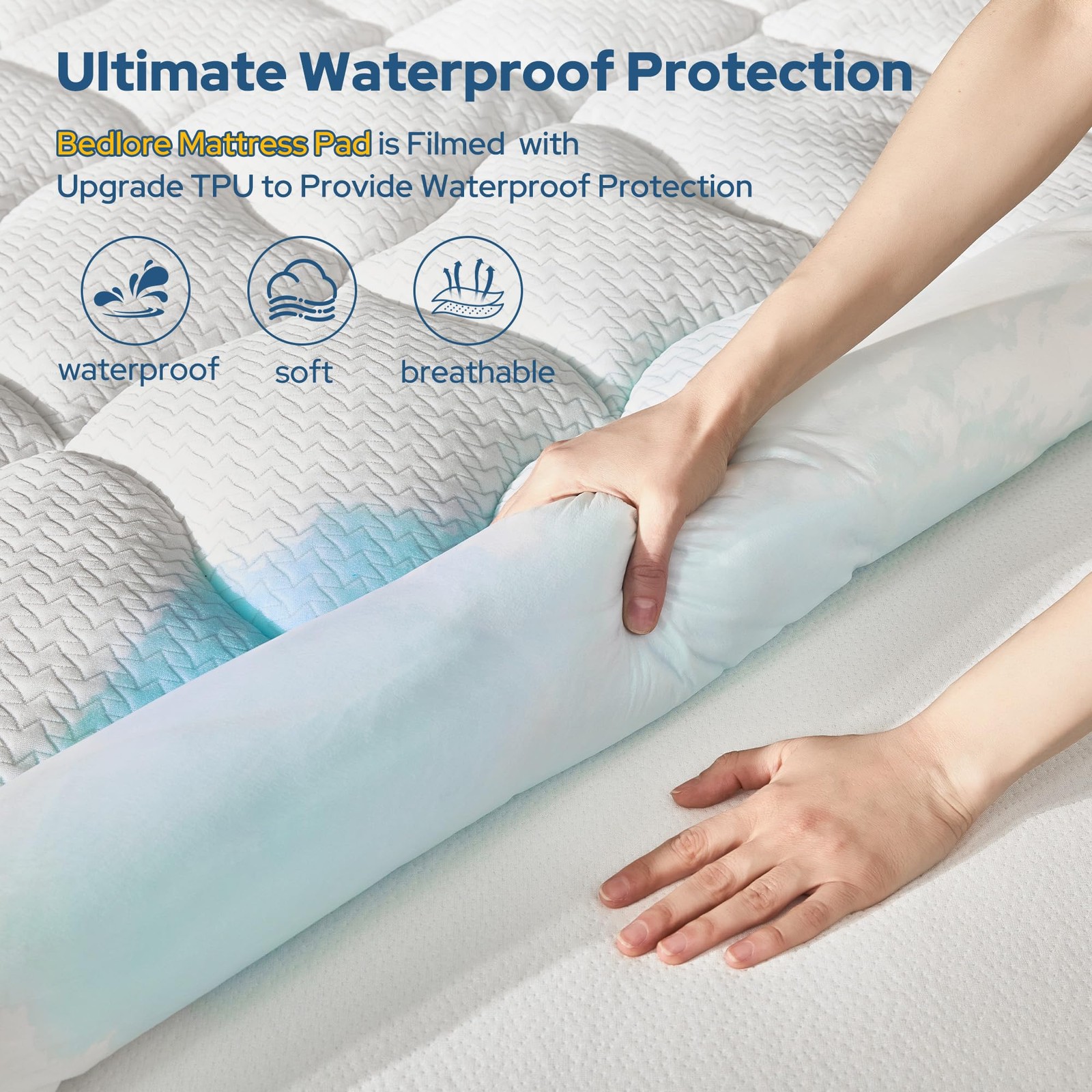 BEDLORE Waterproof Full Size Mattress Pad, Quilted Fitted Full, White