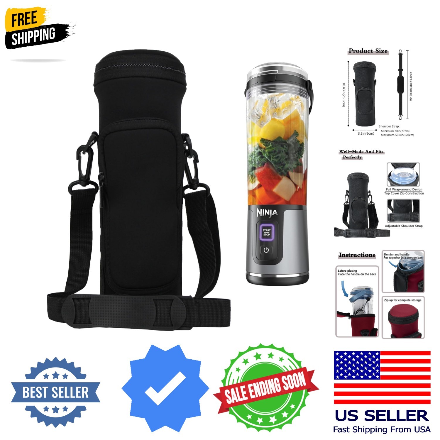 Portable Blender Storage Bag Sleeve for Nj Blast Portable Blender with Should...