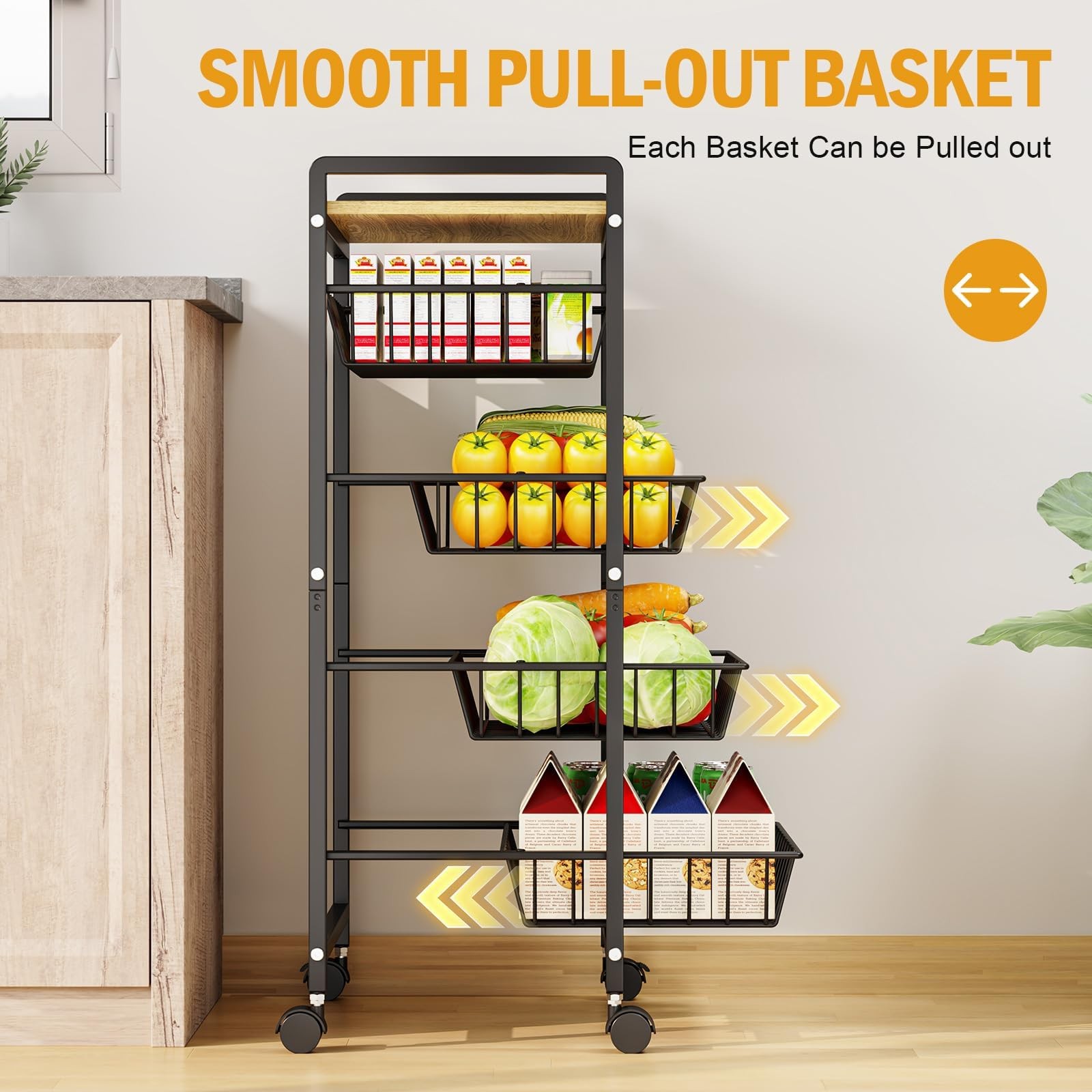 5-Tier Kitchen Cart with Tabletop, Rolling Snack Cart with Lockable Wheels, F...