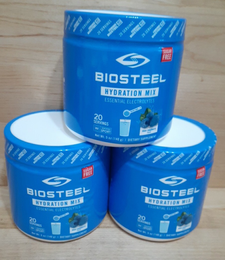 3 PACK:  BIOSTEEL BLUE RASPBERRY HYDRATION MIX 20 SERVINGS NSF ELECTROLYTES 5oz