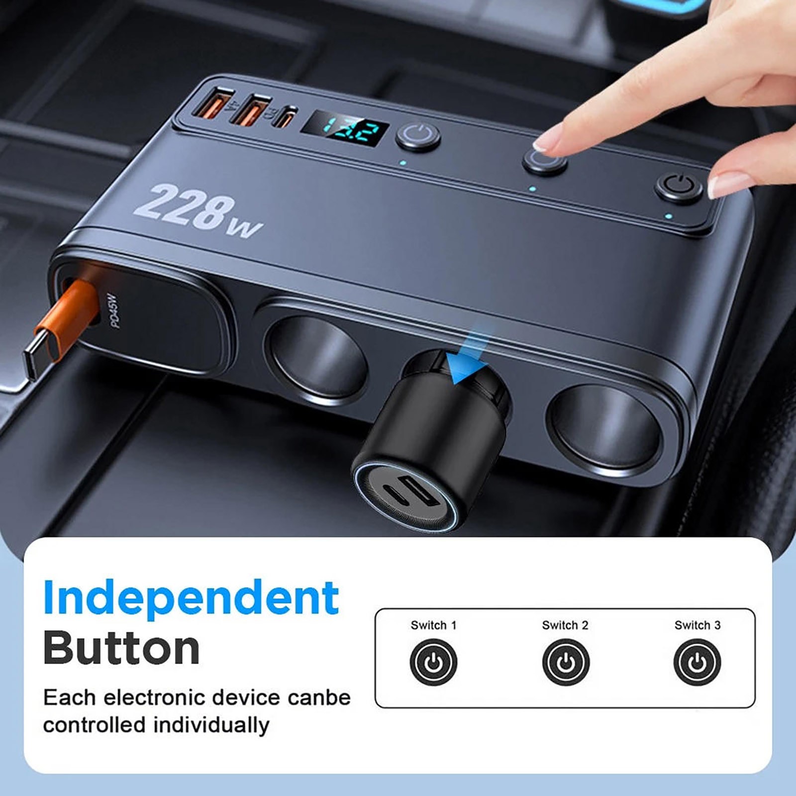 For Truck 9-in-1 Cigarette Lighter Charger 3 Sockets 6 USB Ports 228W Display